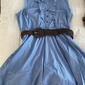 Women’s Plus Size Blue Sleeveless Dress with Brown Belt
